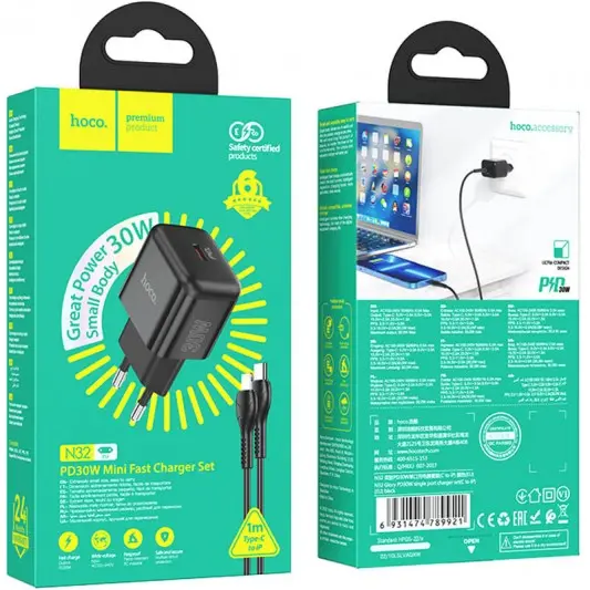 СЗУ Hoco N32 Glory PD30W (1USB-C) + кабельType-C to Lightning Black - изображение 5