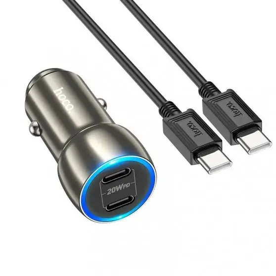 Автомобильное зарядное устройство Hoco Z48 Tough 40W (2Type-C) + Type-C to Type-C, Metal gray