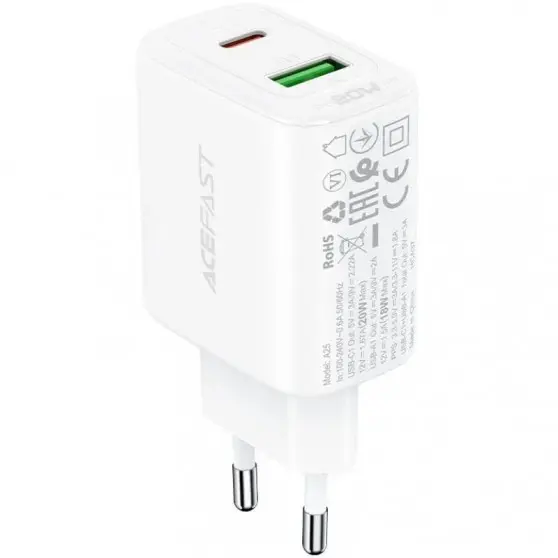 Зарядное устройство Acefast A25 PD20W (USB-C+USB-A) dual port, White