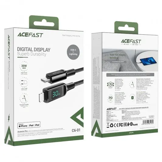 Дата кабель Acefast MFI C6-01 USB-C to Lightning zinc alloy digital display braided (1.2m) Black - изображение 5