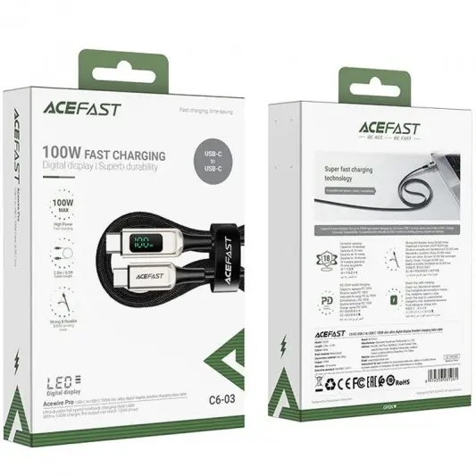 Дата кабель Acefast C6-03 USB-C to USB-C 100W zinc alloy digital display braided (2m) Silver - изображение 4