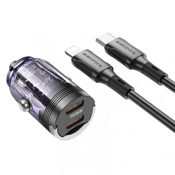 АЗУ Borofone BZ29B Outstanding PD36W (2USB-C) + кабель Type-C to Lightning Transparent purple