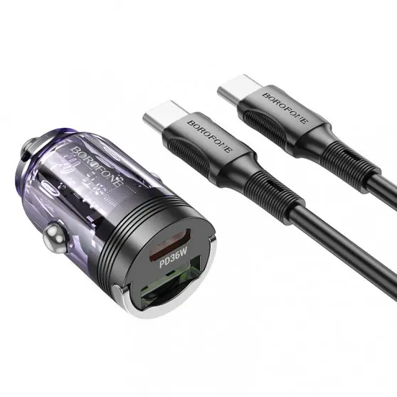 АЗУ Borofone BZ29A Talented PD36W+QC3.0 (1USB-A/1C) + кабель Type-C to Type-C Transparent purple