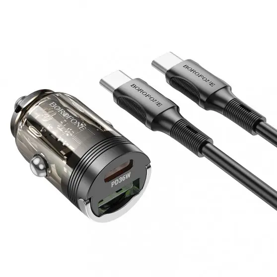 АЗУ Borofone BZ29A Talented PD36W+QC3.0 (1USB-A/1C) + кабель Type-C to Type-C Transparent black