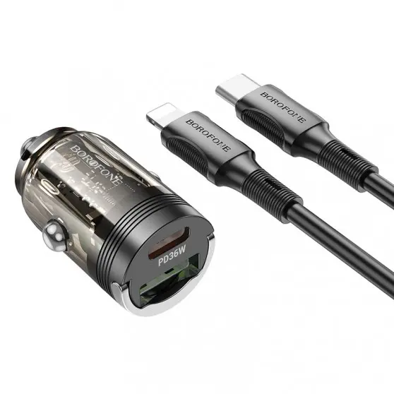 АЗУ Borofone BZ29A Talented PD36W+QC3.0 (1USB-A/1C) + кабель Type-C to Lightning Transparent black