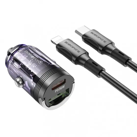 АЗУ Borofone BZ29A Talented PD36W+QC3.0 (1USB-A/1C) + кабель Type-C to Lightning Transparent purple
