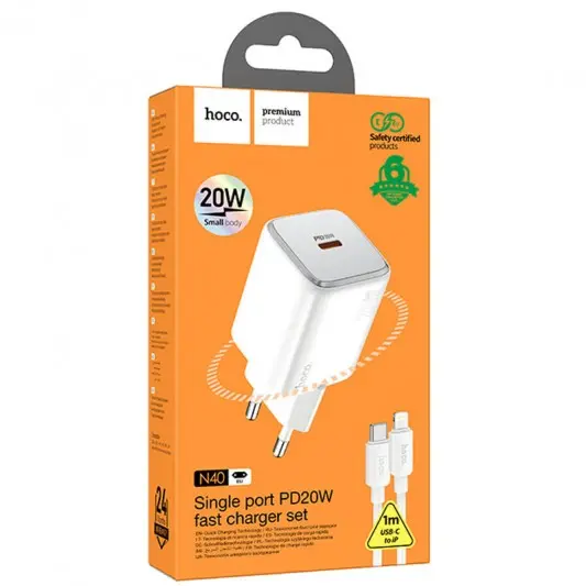 СЗУ Hoco N40 Mighty PD20W (1USB-C) + кабель Type-C to Lightning White - изображение 4