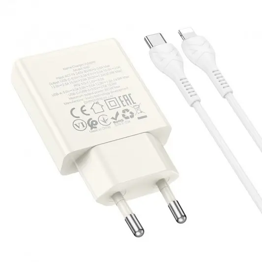 МЗП Hoco N45 Biscuit PD30W+QC3.0 (1USB-A/1C) + кабель Type-C to Lightning Moonlight white - зображення 1 