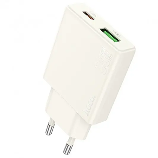 МЗП Hoco N45 Biscuit PD30W+QC3.0 (1USB-A/1C) + кабель Type-C to Lightning Moonlight white - зображення 2 