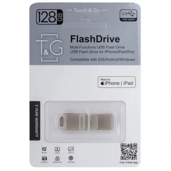 Флеш-драйв T&G 008 Metal series USB 3.0 - Lightning 128GB Срібний
