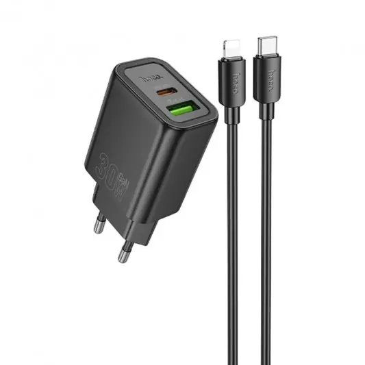 СЗУ Hoco N63 Gentle PD30W+QC3.0 (1USB-A/1C) + кабель Type-C to Lightning Black