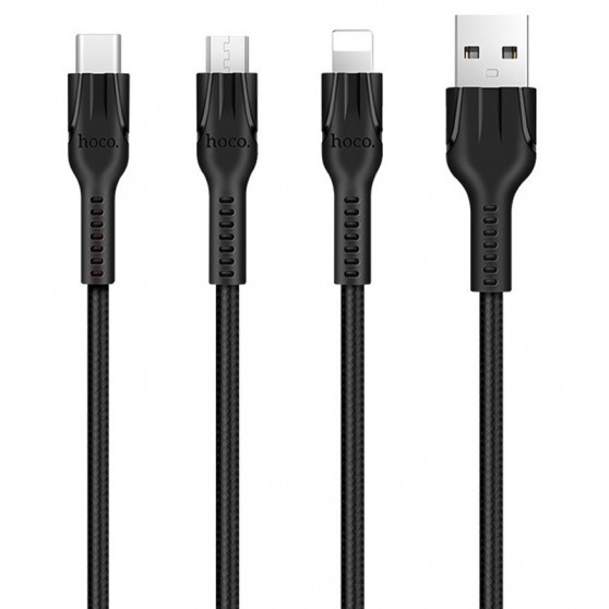 Дата кабель Hoco U31 "Benay" 3in1 Lightning -MicroUSB-Type-C (1.2m) (Чорний)