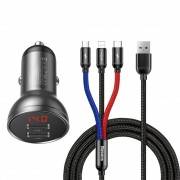 Автомобільне зарядне Baseus Digital Display Dual USB 4.8A Car Charger 24W with Three Primary Colors 3-in-1 Cable USB (Сірий / Чорний)
