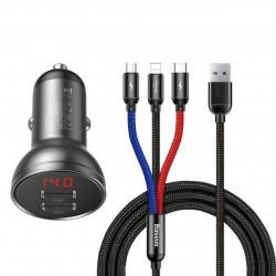Автомобильное зарядное Baseus Digital Display Dual USB 4.8A Car Charger 24W with Three Primary Colors 3-in-1 Cable USB (Серый / Черный)