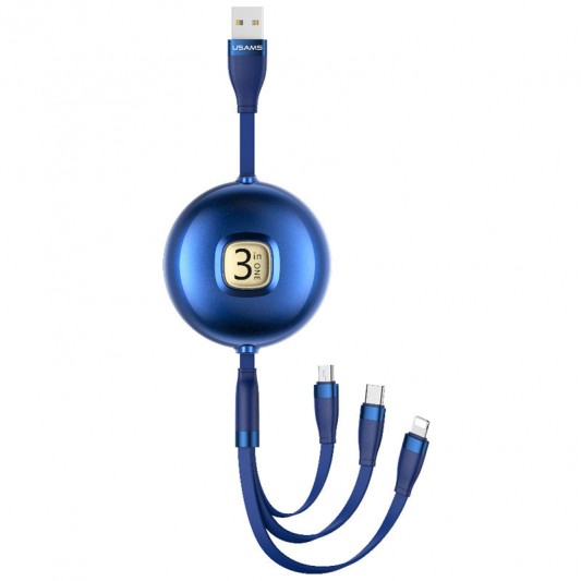 Дата кабель Usams US-SJ508 U69 3IN1 Retractable Cable 1m (Синій)