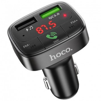 Автомобильное зарядное устройство с FM модулятором HOCO E59, цвет черный, имеет компактный размер и современный дизайн. На передней панели присутствуют кнопки управления и дисплей.