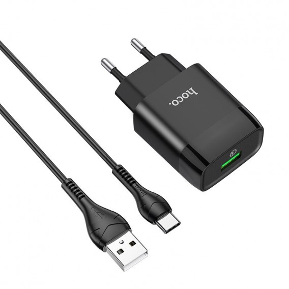 Зарядний пристрій Hoco C72Q Glorious QC3.0 18W (1USB/3A) + Type-C, Чорний