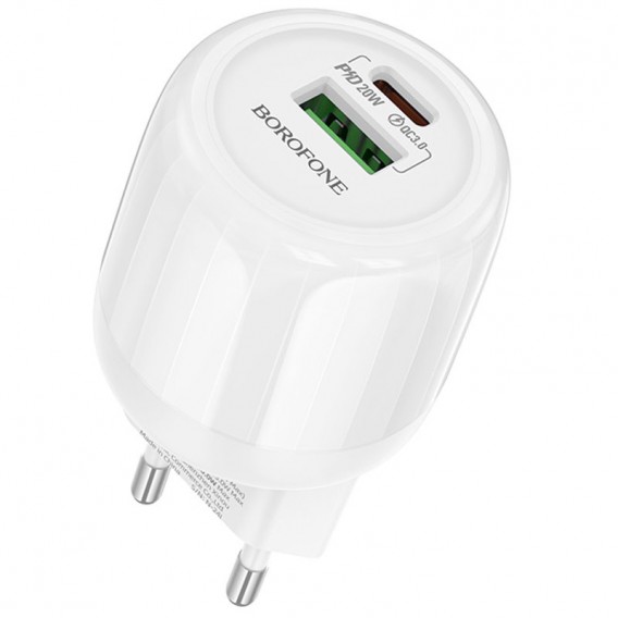 Блок живлення Borofone BA93A Lustrous PD20W+QC3.0 (1USB-A/1C) White