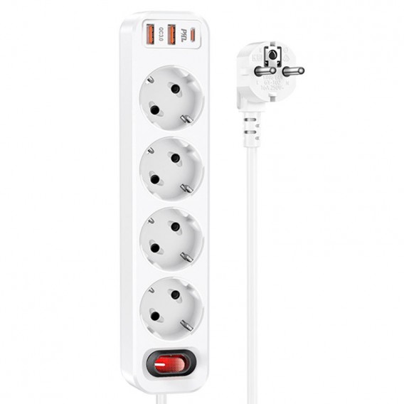 Удлинитель Hoco NS1 Aura PD20W (2USB/1Type-C/4xSocket) White