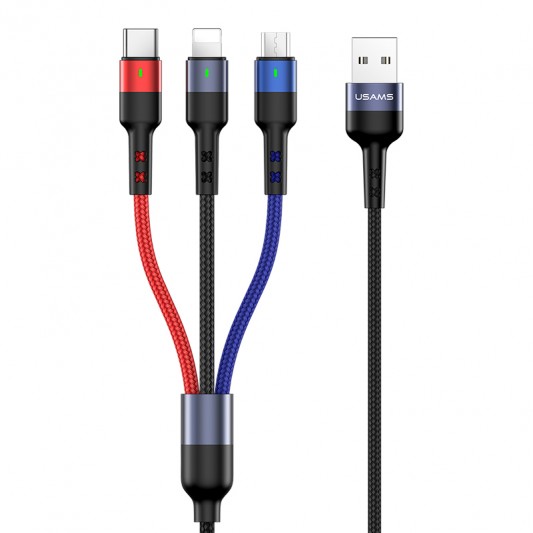 Кабель зарядки для телефону Usams US-SJ410 U26 3in1 USB to Combo 2A (0.35m) (Чорний)