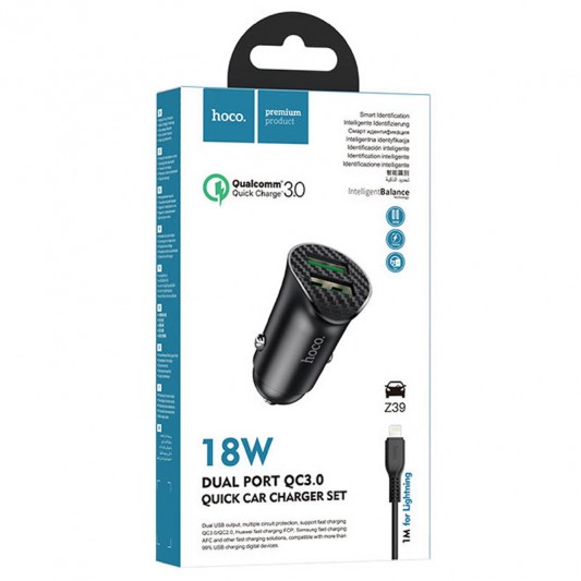 Автомобільна зарядка Hoco Z39 QC3.0 (2USB) + Lightning (Чорний) - зображення 5 