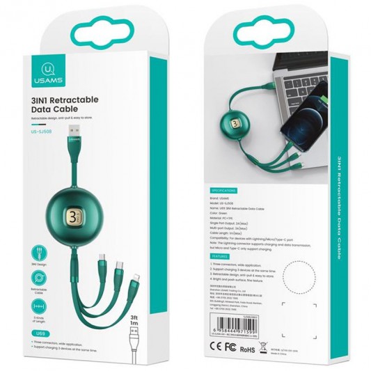 Дата кабель Usams US-SJ508 U69 3IN1 Retractable Cable 1m (Зелений) - зображення 2 