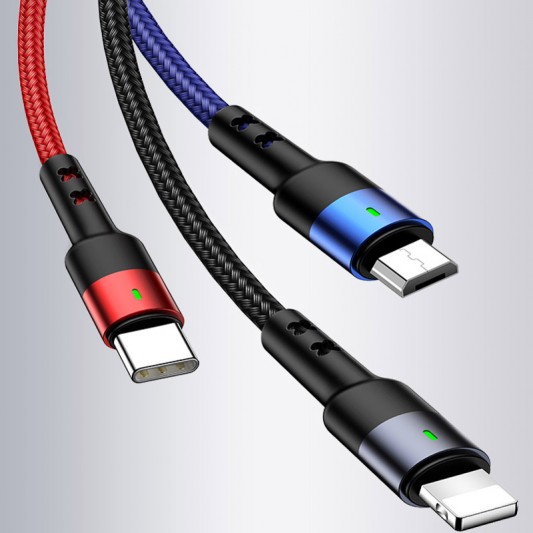 Кабель зарядки для телефону Usams US-SJ410 U26 3in1 USB to Combo 2A (0.35m) (Чорний) - зображення 1 