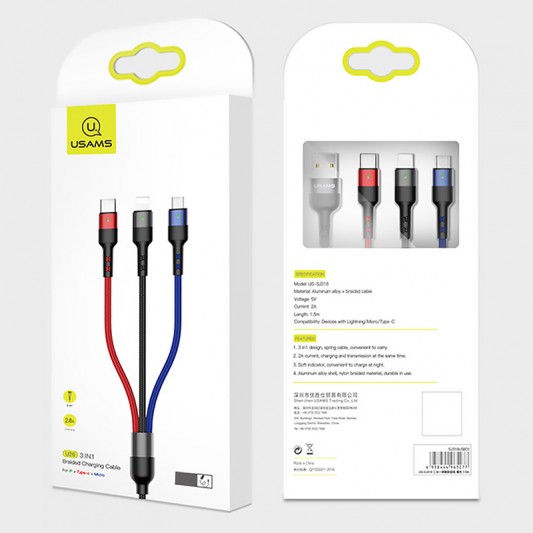 Кабель зарядки для телефону Usams US-SJ410 U26 3in1 USB to Combo 2A (0.35m) (Чорний) - зображення 5 