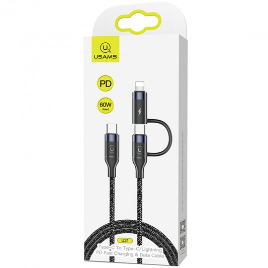 USB кабель для зарядки телефону Usams US-SJ403 U31 60W Fast charging Type-C to Type-C / Lightning (1.2m) (Чорний) - зображення 5 