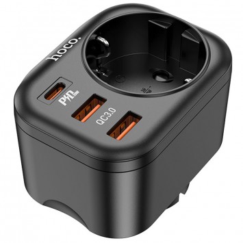 Black Hoco NS3 Multifunctional PD20W Charger with 2 USB Ports, 1 Type-C Port, and 1 Socket