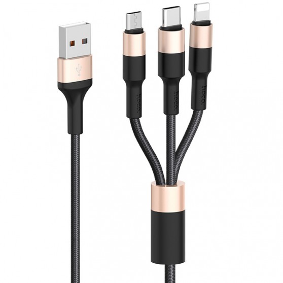 Дата кабель Hoco X26 Xpress 3in1 Lightning-MicroUSB-Type-C (1m), Черный / Золотой