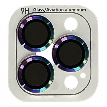 Защитное стекло на камеру для Айфон 14 Про / 14 Про Макс, модель 'Metal Classic', в сиреневом цвете с радужным оттенком
