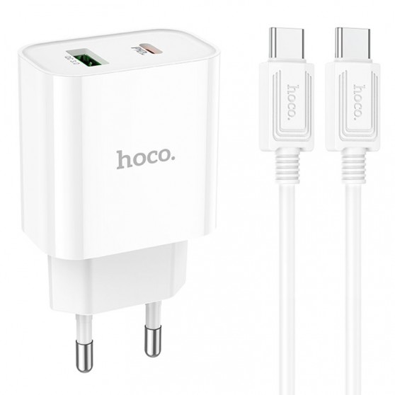 Блок зарядки HOCO C80A Plus Rapido PD20W+QC3.0 (1Type-C/1USB) + Type-C to Type-C, Білий