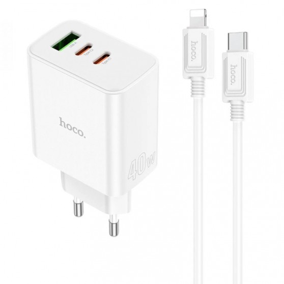 Зарядка для телефону Hoco C126A PD40W+QC3.0 (1USB/2Type-C) + Type-C to Lightning, Білий