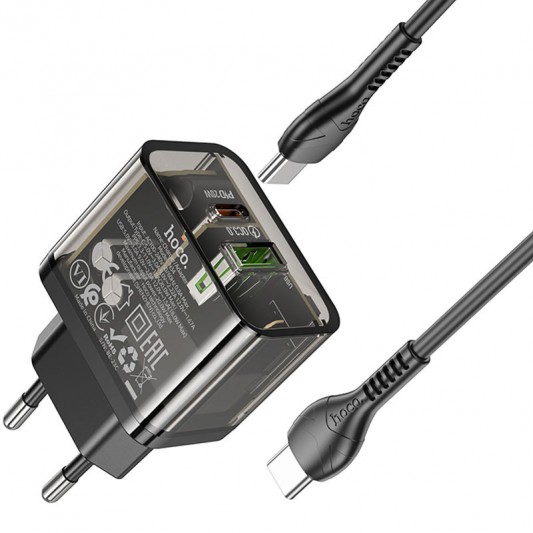 Зарядка для телефону Hoco N34 Dazzling PD20W+QC3.0 + Type-C to Type-C, Чорний - зображення 2 