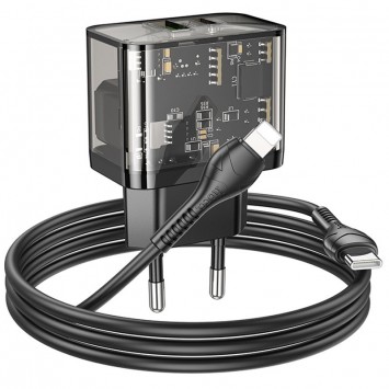 Блок быстрой зарядки Hoco N34 Dazzling PD20W+QC3.0 + Type-C to Lightning, Черный - Сетевые зарядные устройства (220 В) - изображение 4