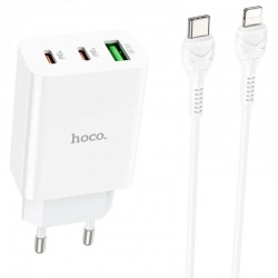 Зарядка для телефона Hoco C99A PD20W+QC3.0 (1USB/2Type-C/3A) + Type-C to Lightning, Белый