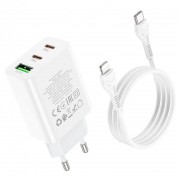 Зарядка для телефона Hoco C99A PD20W+QC3.0 (1USB/2Type-C/3A) + Type-C to Lightning, Белый