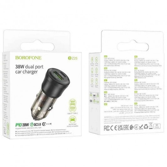 Автомобільна зарядка Borofone BZ25 Journey PD38W (1C/1A), Transparent black - зображення 2 