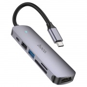 Переходник Hoco HB28 Multi-function 6in1 (Type-C to HDTV+USB3.0+USB2.0+SD+TF+PD), Metal gray