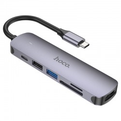 Переходник Hoco HB28 Multi-function 6in1 (Type-C to HDTV+USB3.0+USB2.0+SD+TF+PD), Metal gray