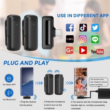 Микрофон петличный для телефона J13 Bluetooth 3in1 USB-C, Black -  - изображение 2