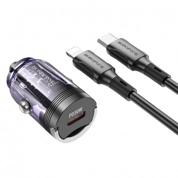 Зарядка в прикуриватель авто Borofone BZ29 Ray PD30W (1C) + Type-C to Lightning, Transparent purple - Автомобильные зарядные устройства - изображение 1