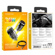 Зарядка в прикуриватель авто Borofone BZ29B Outstanding PD36W (2C) + Type-C to Type-C, Transparent black