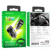 Зарядка в прикуриватель авто Borofone BZ29 Ray PD30W (1C) + Type-C to Type-C, Transparent black