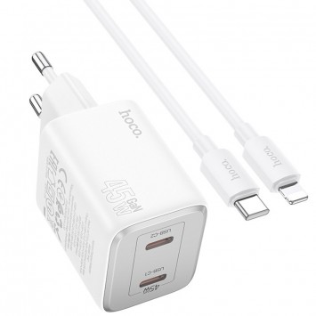 Блок для заряджання Hoco N42 Elogiado 2C PD45W + Type to Lightning, White - Мережеві ЗП (220 В) - зображення 1 