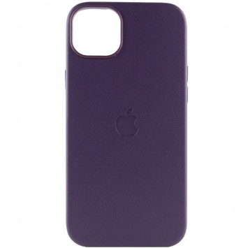 Чехол для Айфон 14 в насыщенном фиолетовом цвете, изготовленный из кожи, модель Leather Case (AAA) с функцией MagSafe.