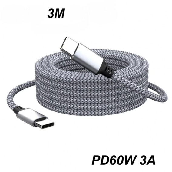 Кабель Type-C to Type-C 60W PD (3 метри) Нейлонове обплетення Сірий