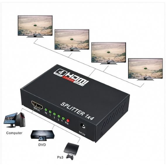 Розгалужувач HDMI на 4 порти спліттер активний чорний