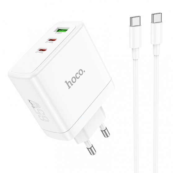 Зарядное устройство Hoco N30 Glory PD65W (2Type-C/1USB) + Type-C to Type-C, White
